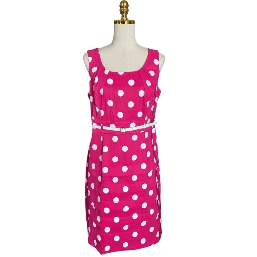 Dressbarn Women’s Pink Polka Dot Sleeveless Stretch Belted Sheath Dress Size 14